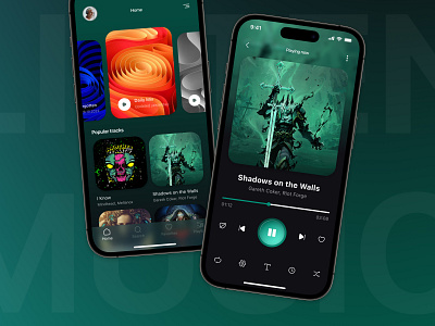 Music Player App app app design artist clean dark dark theme design ios iphone14 minimal mobile mobile ui music music album player playlist podcasts song streaming ui