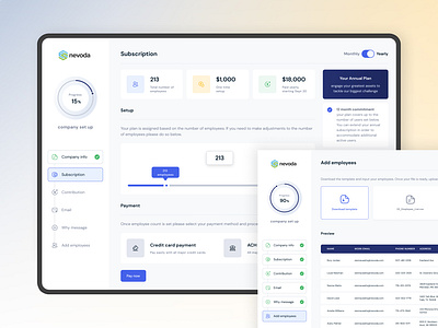 B2B company account setup • web platform account annual plan b2b company contribution employee employer payment platform progress setup subscription ui ux web