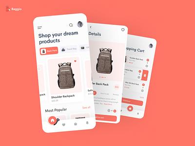 Bag Store Ecommerce App backpacks bag shop bag store bag store app checkout e commerce e commerce app e commerce shop ecommerce mobile design online shop online store product page shopping bag shopping cart srsoumik store app trending women bag