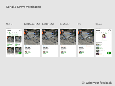 Sprocket Android Serial & Strava Verification Wireframes android app auth badge bicycle bike check checkmark decentralized icon image listview serial sprocket ui ux verification verified verify view