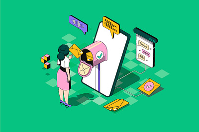 Messaging Service Isometric Illustration 3d character chatting concept design email flat graphic illustration isometric isometry landing messaging messanger page people service vector web website