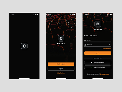 Cinemo - Cinema Booking App app cinema design launch screen login logo mobile mobile app mobile app design movie movie app screen ticket ui ux