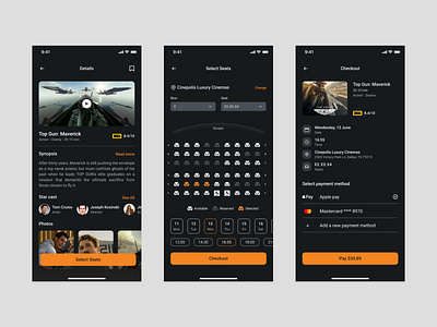 Cinemo - Details and Reservation app checkout cinema design logo mobile mobile app mobile app design movie movie app movie details reservation seats select seats ui ux