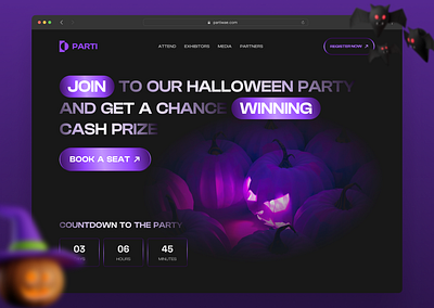 PARTI - Halloween Party Landing Page 3d illustration dark landing page dark mode event landing page halloween halloween 2022 halloween 3d halloween costume halloween decor halloween design halloween horror nights halloween landing page halloween party halloween season halloween vibes happy halloween horror landing page design nights web design