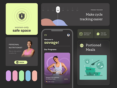 Women's-only Fitness App darkmode fitness health mobileapp neon product ui uidesign visualdesign visuallanguage women