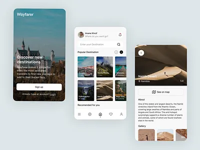 Wayfarer - Travel mobile app adventure destination logo minimal mobile app simple tourism travel app traveler traveling trip ui ui travel user interface ux vecation