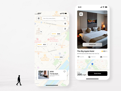 Hoteller I Accommodation Finding App clean design detail hotel map minimal mobile mobile app mobile design pin travel trip ui user interface ux white