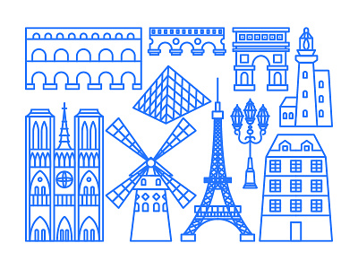 France Buildings arc arc de triomphe de létoile architecture bridge building cathedral country design france graphic design icon illustration line moulin rouge notre dame de paris outline paris paris de tour eiffel travel vector