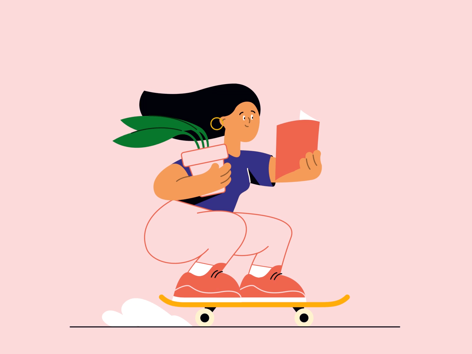 Reading skater girl 2d animation character dust flip girl hair heelflip illustration jump motion design plant practice reading riding rolling skateboard skater skating woman