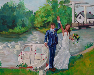 Wedding painting couple en plein air live painting love newly weds romantic wedding wedding painting