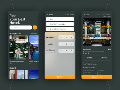 Hotel search 3 steps application design figma hotel luxury mobile search search hotel simple ui