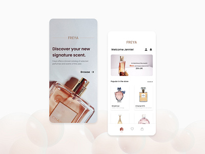Freya I Online Perfume Shop catalog design e commerce home login menu minimal mobile mobile design onboarding online shopping shop shopping ui user interface ux