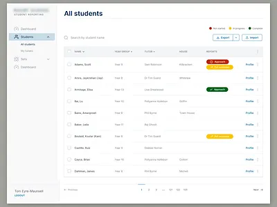 UI design of student management page app dashboard education laravel react school ui ux webapp
