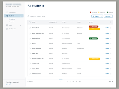 UI design of student management page app dashboard education laravel react school ui ux webapp