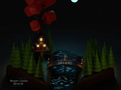 Dream Forest 3d 3d illlustration 3d render design dream forest house illustration isometric low poly moon night stars