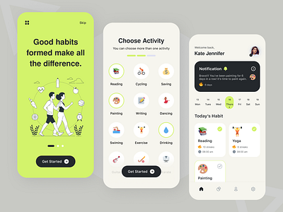 Habit tracker - Build new habits app app design choose habits energetic color palette green habit tracker heart health inspirational meditation motivational music podacast reading running self care self love ui design ui inspiration walking workout