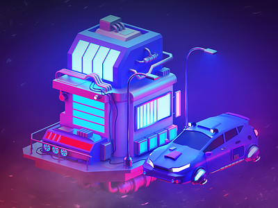 Cyberpunk scene with hovercar 3d blender bright car color cyberpunk future hovercar illustration
