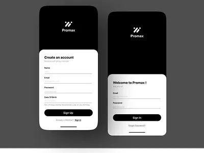 Promax Sign Up and Login screen 2d app art black clean creative design draw dribble figma mobile ui ux visual design