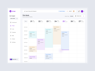 Canege Web App project management saas time tracker timer app ui design web app weekly view
