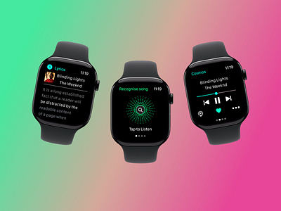 Watch Music App UI Design appdesign applewatchapps darkmodeui digitalexperience futuristicui glassmorphism interactivedesign minimaldesign musicrecognition neumorphism smartwatchui ui uiuxdesign watchosdesign wearabletech
