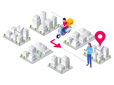 Delivery service - isometric map city delivery delivery service illustration isometric map mobile phone scooter woman