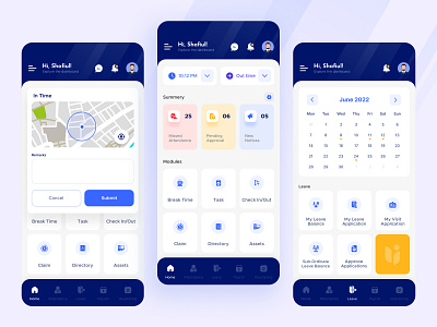 PiHR Mobile App V-3.0: User Dashboard, In Time & Leave Dashboard design hr human resource mobile app mobile app design pihr ui design uiux ux design