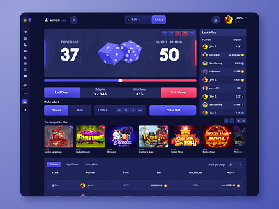 Witch Lab casino. Dice game page bets betting casino crash crypto design dice dices futuristic gambling gaming interface jackpot product design slider slots table ui uiux website