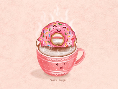 Cheerful donut in a cup of coffee 2d art cartoon character coffee design dessert digital art donut doughnut food funny graphic design illustration pastry pink poster procreate smile sweet