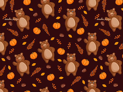 Seamless autumn pattern with bears 2d adobe illustrator animal art autumn bear cartoon character design digital art flat graphic design illustration pattern postcard print pumpkin seamless texture vector