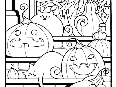 Cats coloring pages cartoon cat coloring pages halloween illustration pumpkin vector
