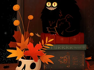 October Cat autumn black cartoon cat digital painting fall season halloween illustration
