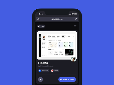 Bubbble.me - Home Mobile Version app behance browser card coins dark ui feed home like main mobile portfolio social media task thumbnail ui ui component ui element ux work