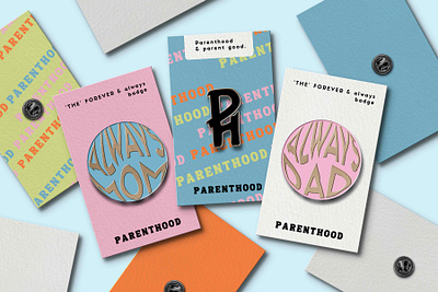 Parenthood branding punchy 70s color pin design branding clothing brand design enamel pins graphic design illustration logo parenting pin design pins vector website