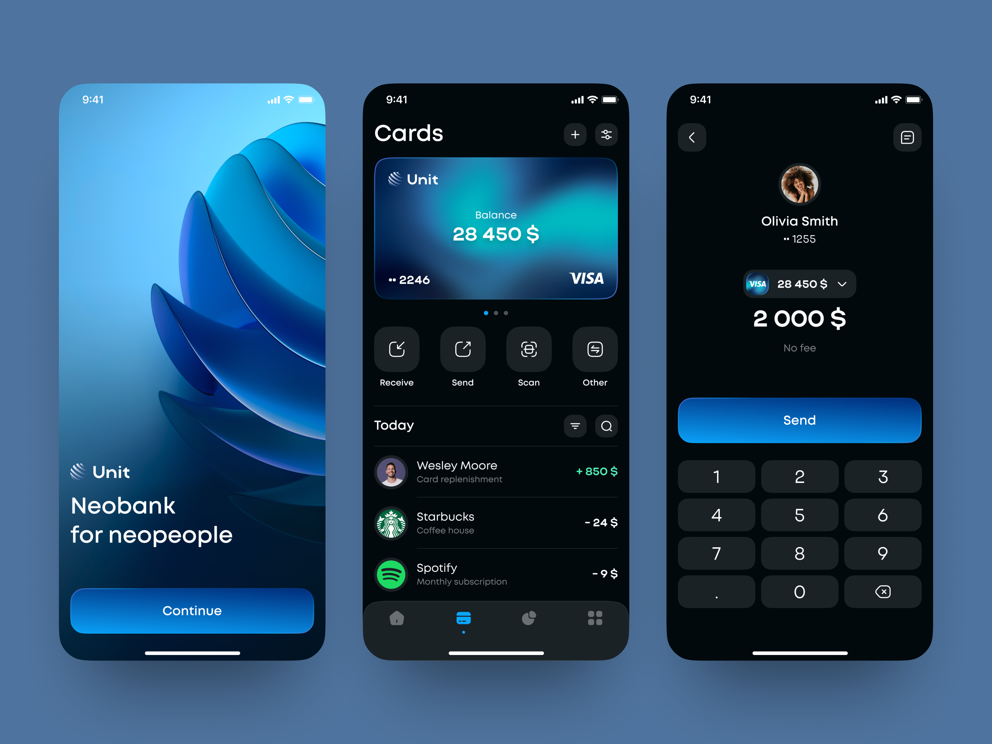 Unit - Mobile Banking App 3d shape app design banking card clean dark mode fintech gradient inspiration interface mobile app mobile banking neobank online banking send money wallet