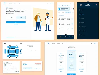 Insurance platform cards design desktop illustration insurance mobile navigation portal pricing quote survey ui ux vector vehicle