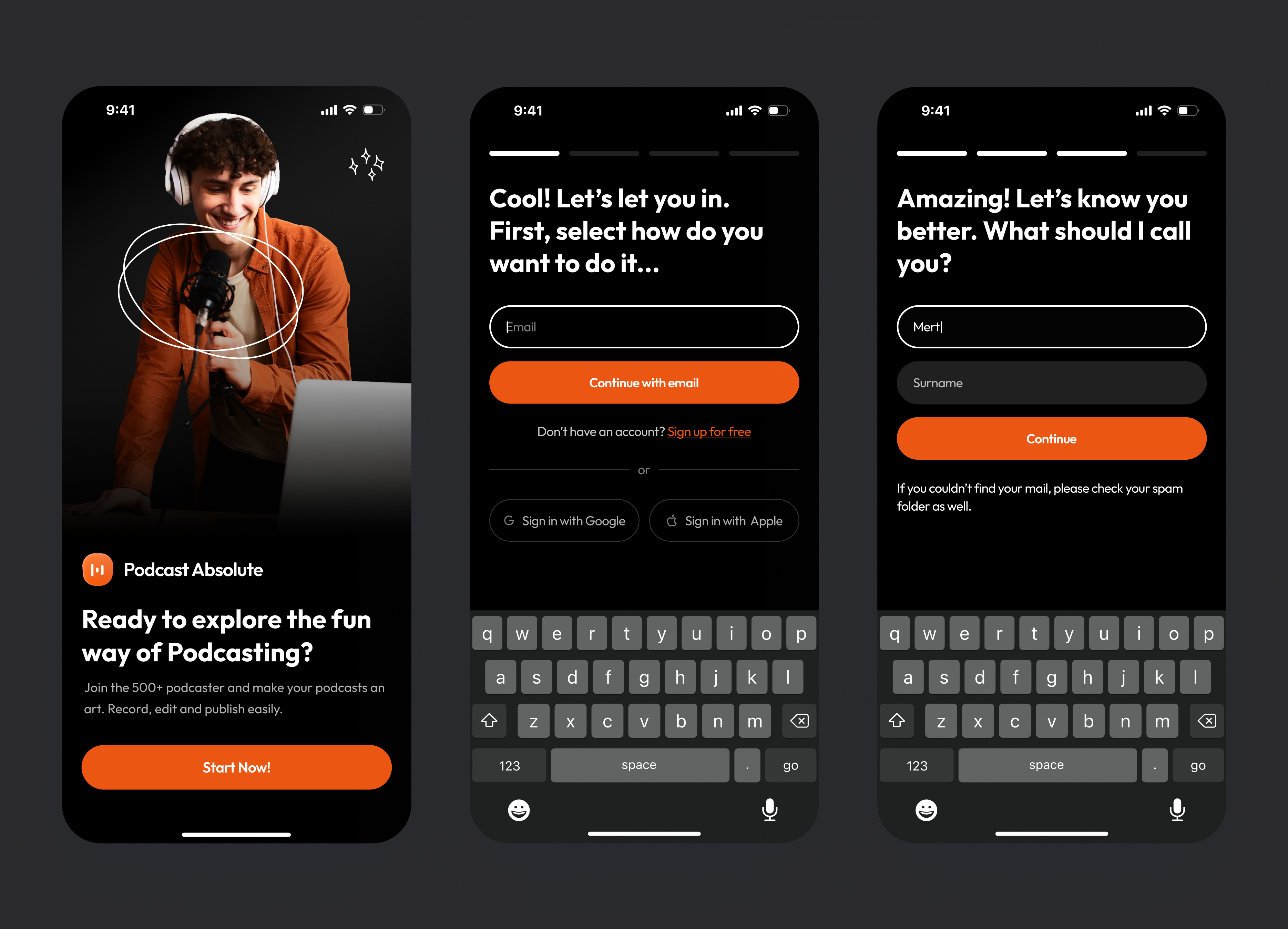 Sign in & Sign up Screens for Podcast Absolute app dark dark mode design ios log in login minimal mobile registration sign in sign up start screen ui ux
