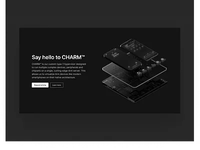 Corellium Website — CHARM™️ Concept android arm concept corellium development emulator glass hypervisor iphone metal page research security server testing training virtual virtualize web website
