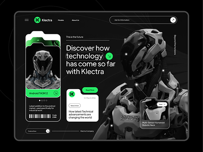 Klectra Landing Page clean cyber ecommerce electronics futuristic industrial innovation landing mechanics minimal robotics saas startup tech technology tesla ui ux webdesign website