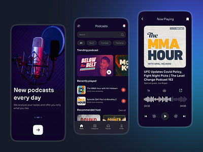 Podcast Concept Design app application branding dark mode dashboard design illustration listening mobile mobile app online podcast podcast app ui ux