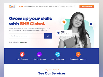 Educational Website Design for BHE Global course selling website edtech education educational landing page educational website home homepage landing landing page language learning learning website online course online learning qclay site ui uikit uxbrainy virtual education website