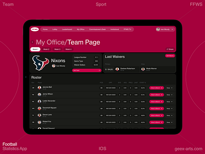 Team Page dashboard football homepage interface ipad mobile nfl sport