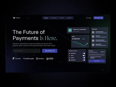 Payflow - Landing page for payments platform abstract product image analytics app clean dark dark mode design glassmorphism gradient hero landing landing page minimal modern payments platform product tech ui website