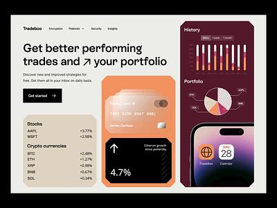 Tradeboo: crypto stocks landing page, saas portfolio startup analytics binance bitcoin blockchain coin crypto crypto website cryptocurrency exchange investment landing page saas stocks trading wallet web design web site webflow webpage website