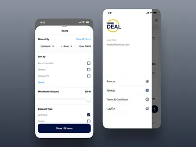 Mobile Menu & Filters account action app apple branding clean design filter filters illustration ios log out menu minimal mobile settings slider tag ui ux