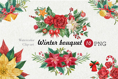 Watercolor Winter Bouquet Clipart christmas frame christmas wreath graphic design watercolor floral watercolor wildflowers watercolor winter winter bouquet winter floral winter flowers winter frame winter greenery winter wreath