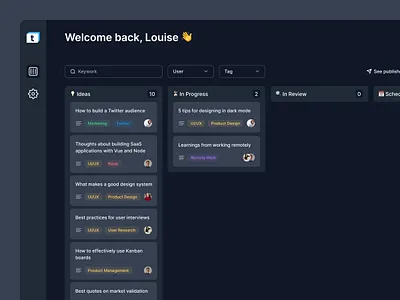 Kanban board — Tweetboard board cards dark dark mode dashboard kanban kanban board product product design saas stack ui ux