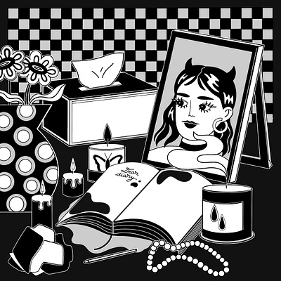 Dear Diary black and white editorial girl illustration graphic design halloween illustration