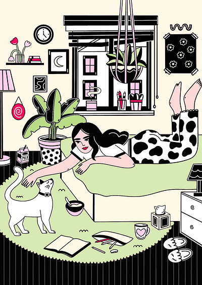 Bedroom cat cat illustration editorial girl illustration illustration