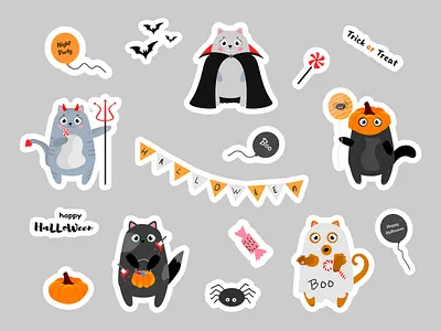 Halloween stickers art autumn cat character cute design flat design graphic design halloween illustration pumpkin set stickers