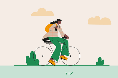 COLOR ILLUSTRATIONS 04 bike color colorful design flat girl graphic design green hair illustration park vector woman yellow